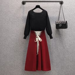 2025 New Korean Women's Graceful Vintage Clothing Lady Square Collar Sweater Red Skirts Outfits French Long Sleeve Knit Pullover