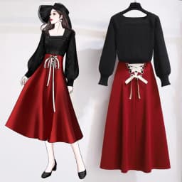 2025 New Korean Women's Graceful Vintage Clothing Lady Square Collar Sweater Red Skirts Outfits French Long Sleeve Knit Pullover