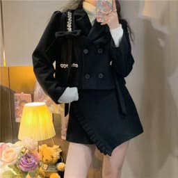 Spring Lady Suits Bowtie Diamonds Blazers Coat OL Double Breasted Rhinestone Beaded Jacket + High Waist Irregular Skirt 2pcs Set