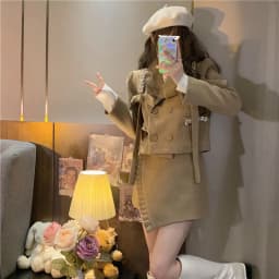 Spring Lady Suits Bowtie Diamonds Blazers Coat OL Double Breasted Rhinestone Beaded Jacket + High Waist Irregular Skirt 2pcs Set