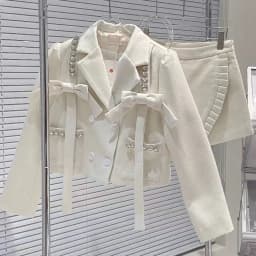 Spring Lady Suits Bowtie Diamonds Blazers Coat OL Double Breasted Rhinestone Beaded Jacket + High Waist Irregular Skirt 2pcs Set