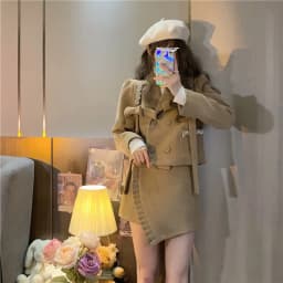 Spring Lady Suits Bowtie Diamonds Blazers Coat OL Double Breasted Rhinestone Beaded Jacket + High Waist Irregular Skirt 2pcs Set
