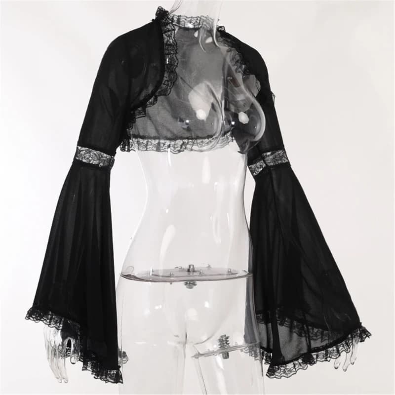 Gothic Lace Long Sleeve Victorian Half Shirt Crop Top Vintage T Shirt for Women