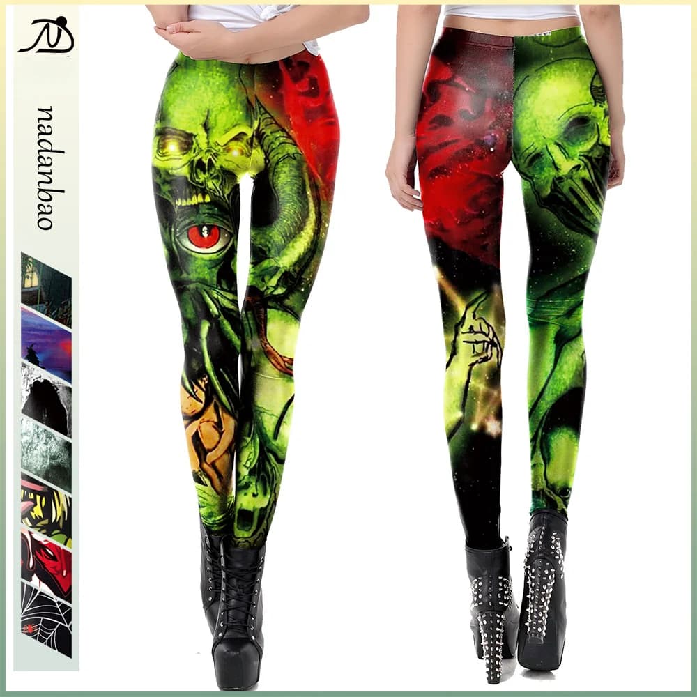 Nadanbao Halloween Funny Holiday Party Leggings Women Skeleton Print Sexy Tights Trousers Female Mid Waist Elastic Pants