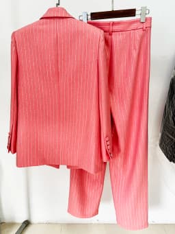 HIGH STREET Newest 2026 Designer Suit Set Women's Single Button Striped Diamonds Blazer Pants Suit 2PCS