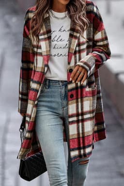 Autumn Winter Women's Lapel Pocket Plaid Wool Jacket Coat