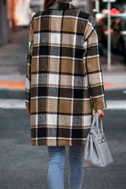 Autumn Winter Women's Lapel Pocket Plaid Wool Jacket Coat