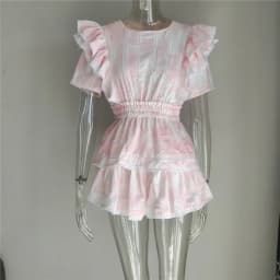 2022 Summer Short Sleeve Vocation Women White Mini Dress Holiday Lace Ruffled Dress Pink