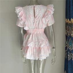 2022 Summer Short Sleeve Vocation Women White Mini Dress Holiday Lace Ruffled Dress Pink