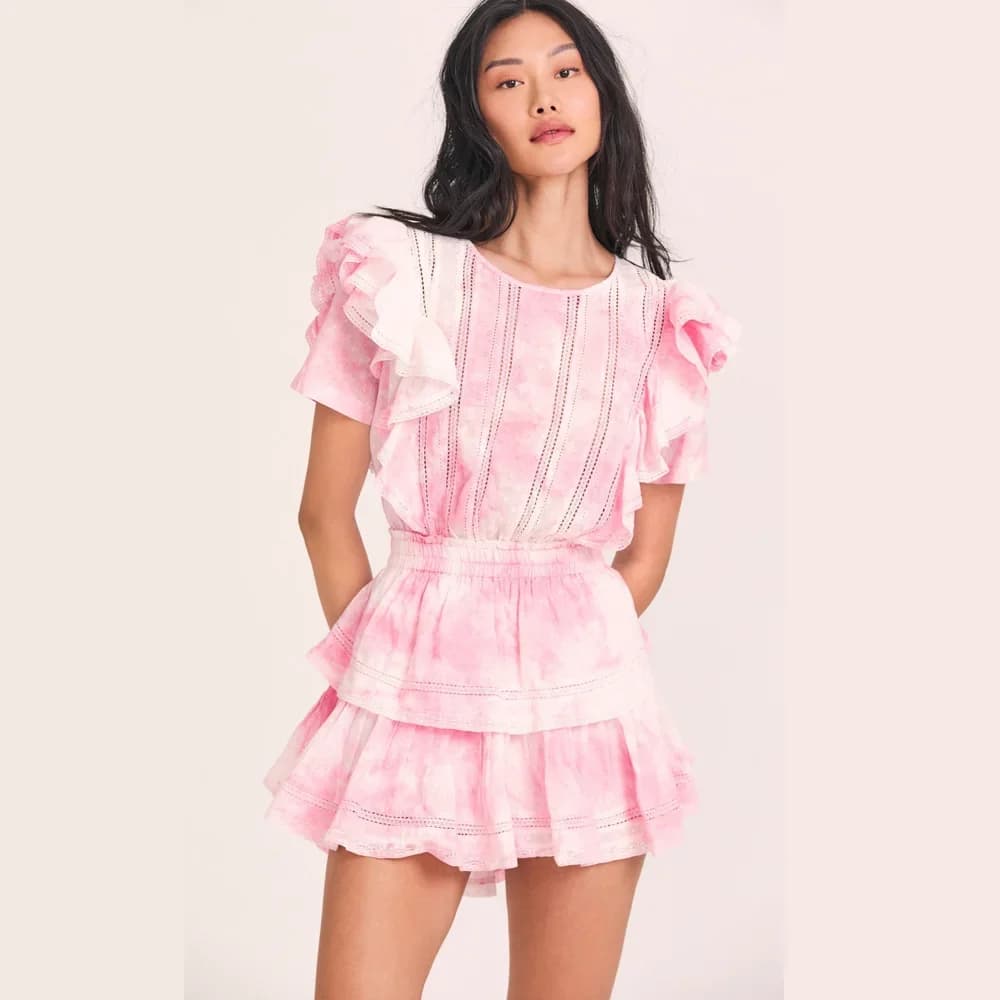 2022 Summer Short Sleeve Vocation Women White Mini Dress Holiday Lace Ruffled Dress Pink