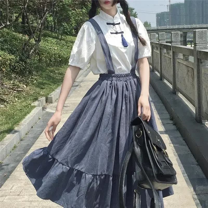 New Sweet Women Skirt Preppy Style Strap Long Skirt Ruffles Loose Cute Student Casual Skirt Female Skirts 2026 HOT