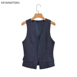 KEYANKETIAN Summer New Hidden Buckle Navy Blue Striped Vest British Style Women's V-Neck Slim Short Cardigan Sleeveless Top