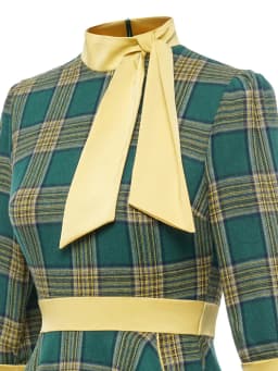 Tonval Bow Neck Green Plaid 50s Vintage 3/4 Length Sleeve Midi Dresses for Women Autumn Winter Pocket Side Retro Dress