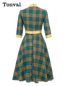 Tonval Bow Neck Green Plaid 50s Vintage 3/4 Length Sleeve Midi Dresses for Women Autumn Winter Pocket Side Retro Dress