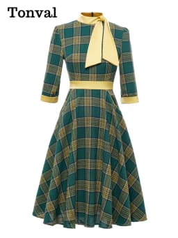 Tonval Bow Neck Green Plaid 50s Vintage 3/4 Length Sleeve Midi Dresses for Women Autumn Winter Pocket Side Retro Dress