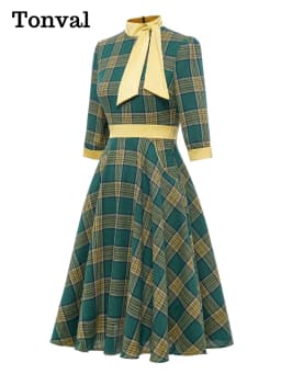 Tonval Bow Neck Green Plaid 50s Vintage 3/4 Length Sleeve Midi Dresses for Women Autumn Winter Pocket Side Retro Dress