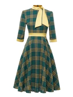 Tonval Bow Neck Green Plaid 50s Vintage 3/4 Length Sleeve Midi Dresses for Women Autumn Winter Pocket Side Retro Dress