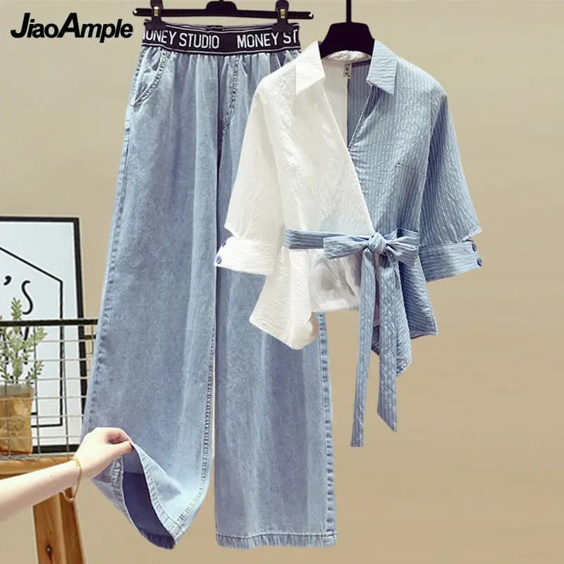 2026 Spring/Summer New In Matching Set Women's Fashion Splicing Lace Blouse Jeans Two Piece Set Korean Elegant Denim Pants Suit