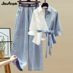 2026 Spring/Summer New In Matching Set Women's Fashion Splicing Lace Blouse Jeans Two Piece Set Korean Elegant Denim Pants Suit