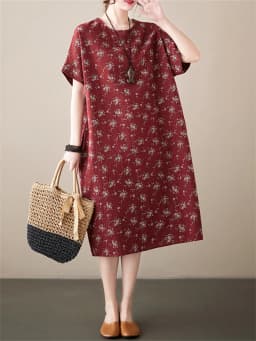 Cotton Linen Vintage Print Spring Summer Dresses For Women 2026 Short Sleeve Casual Loose Midi Dress Robe Femme Elegant Clothing