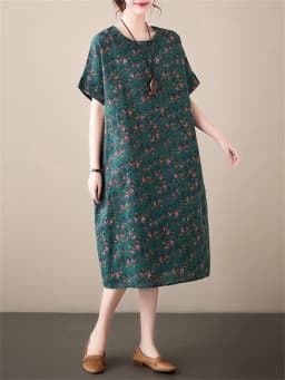 Cotton Linen Vintage Print Spring Summer Dresses For Women 2026 Short Sleeve Casual Loose Midi Dress Robe Femme Elegant Clothing