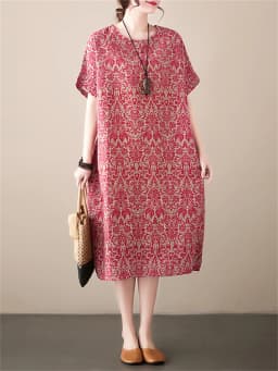 Cotton Linen Vintage Print Spring Summer Dresses For Women 2026 Short Sleeve Casual Loose Midi Dress Robe Femme Elegant Clothing
