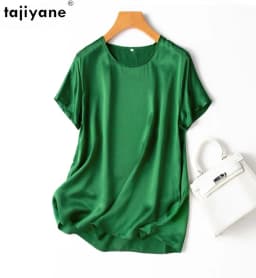 Tajiyane Women 100% Mulberry Silk 19 Momme half sleeve Round Neck Top Shirt Blouse T-shirt More Colors women's tops ropa mujer