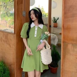 MEXZT Sweet Dress Women Puff Short Sleeve Slim A Line Mini Dress Student Preppy Style Kawaii Turn Down Collar High Waist Dress