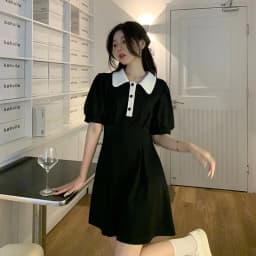 MEXZT Sweet Dress Women Puff Short Sleeve Slim A Line Mini Dress Student Preppy Style Kawaii Turn Down Collar High Waist Dress