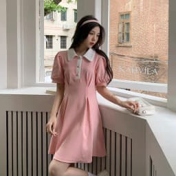 MEXZT Sweet Dress Women Puff Short Sleeve Slim A Line Mini Dress Student Preppy Style Kawaii Turn Down Collar High Waist Dress