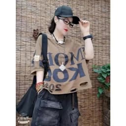 Women's T Shirt Literature And Art Retro T Shirt 2025 Summer New Loose Large Letters Hole Round Neck Short-sleeved T-shirt Women