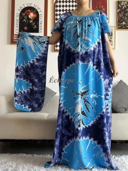 2026 African Dashiki Dress Kaftan Abaya Cotton Boat-neck Floral Dress Printed Short Sleeve Loose Women Casual Dress with Scarf