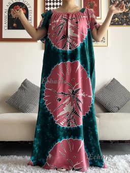 2026 African Dashiki Dress Kaftan Abaya Cotton Boat-neck Floral Dress Printed Short Sleeve Loose Women Casual Dress with Scarf