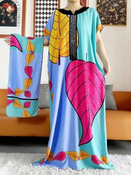 2026 African Dashiki Dress Kaftan Abaya Cotton Boat-neck Floral Dress Printed Short Sleeve Loose Women Casual Dress with Scarf