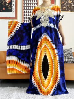 2026 African Dashiki Dress Kaftan Abaya Cotton Boat-neck Floral Dress Printed Short Sleeve Loose Women Casual Dress with Scarf