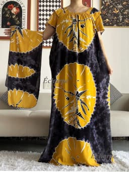 2026 African Dashiki Dress Kaftan Abaya Cotton Boat-neck Floral Dress Printed Short Sleeve Loose Women Casual Dress with Scarf