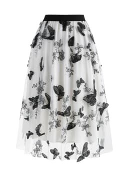 Tonval Elastic Waist Butterfly Embroidered Mesh Overlay Elegant Long Skirts for Women Vintage Midi Length Pleated Skirt