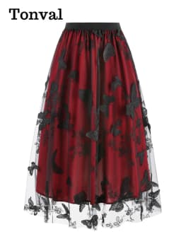 Tonval Elastic Waist Butterfly Embroidered Mesh Overlay Elegant Long Skirts for Women Vintage Midi Length Pleated Skirt