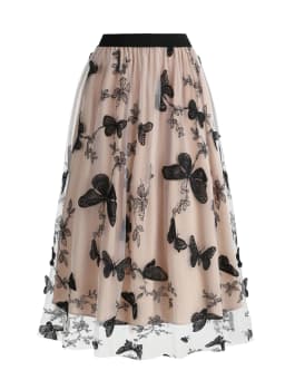 Tonval Elastic Waist Butterfly Embroidered Mesh Overlay Elegant Long Skirts for Women Vintage Midi Length Pleated Skirt