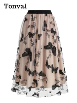 Tonval Elastic Waist Butterfly Embroidered Mesh Overlay Elegant Long Skirts for Women Vintage Midi Length Pleated Skirt