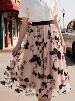 Tonval Elastic Waist Butterfly Embroidered Mesh Overlay Elegant Long Skirts for Women Vintage Midi Length Pleated Skirt