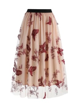 Tonval Elastic Waist Butterfly Embroidered Mesh Overlay Elegant Long Skirts for Women Vintage Midi Length Pleated Skirt