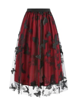 Tonval Elastic Waist Butterfly Embroidered Mesh Overlay Elegant Long Skirts for Women Vintage Midi Length Pleated Skirt