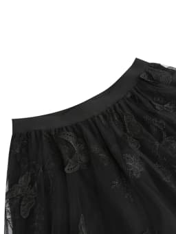 Tonval Elastic Waist Butterfly Embroidered Mesh Overlay Elegant Long Skirts for Women Vintage Midi Length Pleated Skirt