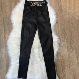 Women PU Leather Pants Chain 2022 New Autumn High Waist Pants Faux Leather Skinny Pencil Pant Tight Trousers Black