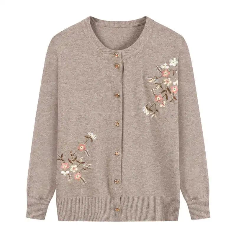 Spring Autumn Thin Knit Cardigan Jackets Grandma Embroidered Long Sleeve Sweater Outerwear Plus Size Short All-match Women's Top