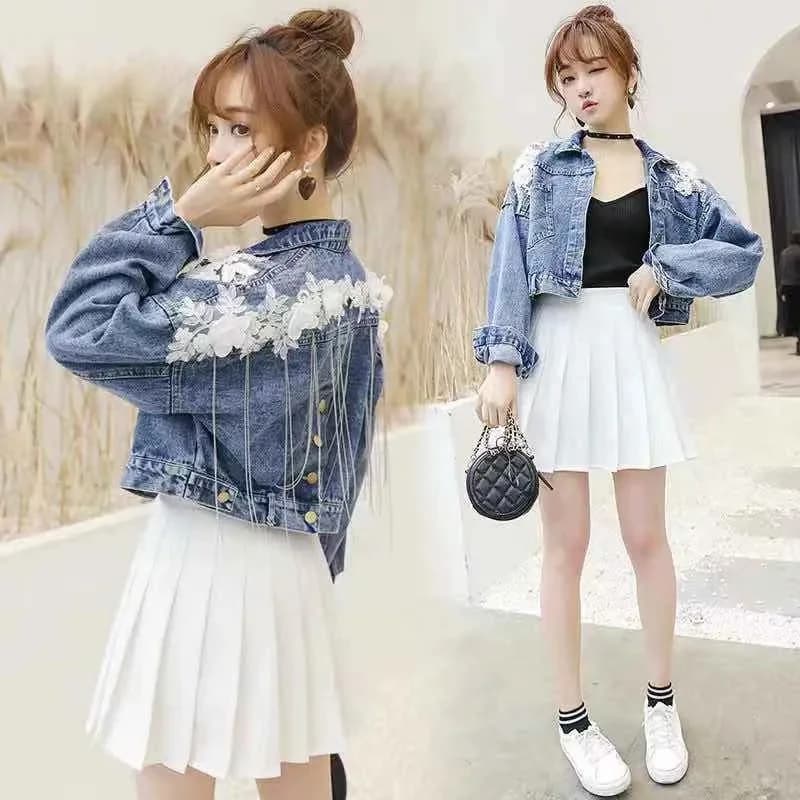 Denim Jacket Women Spring Autumn Korean Three-Dimensional Flower Embroidery Chain Tassel Loose Bat Sleeve Jeans Jackets Short F