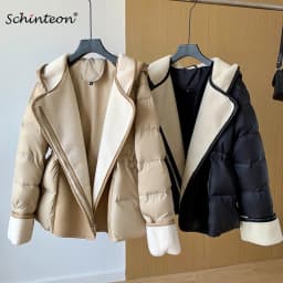 Schinteon Women Lambswool White Duck Down Jacket with Hood Autumn Winter Warm Outwear Casual Patchwork Coat European Style