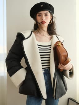 Schinteon Women Lambswool White Duck Down Jacket with Hood Autumn Winter Warm Outwear Casual Patchwork Coat European Style