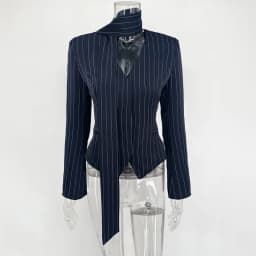 Talenza Women's Striped Blazer Elegant Ribbon Lace-up V-Neck Patchwork Long Sleeve Luxury Outwear Vintage  Women Tailored Coat